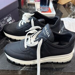 Prada Black Nylon Sneakers with White Laces and Soles